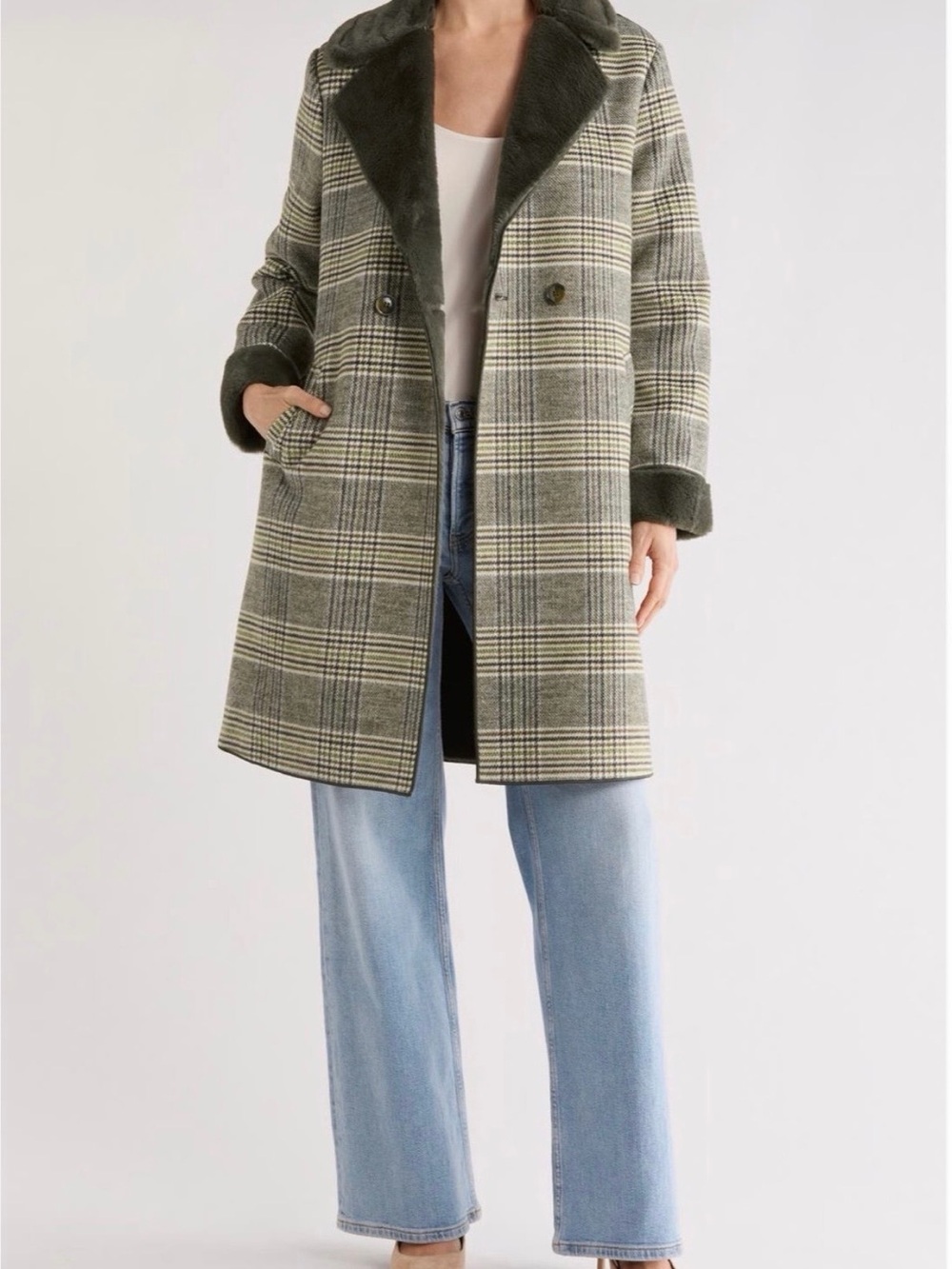 MELLODAY Olive Plaid Double-Breasted Pea Coat with Faux-Fur Trim